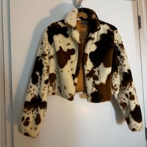 Faux Fur Cow Print Cropped Jacket - Cream & Brown